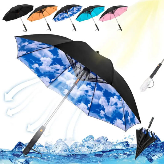 ChillBrella™ 3-in-1 UV-Blocking Fan & Mist Umbrella – Stay Cool Anywhere
